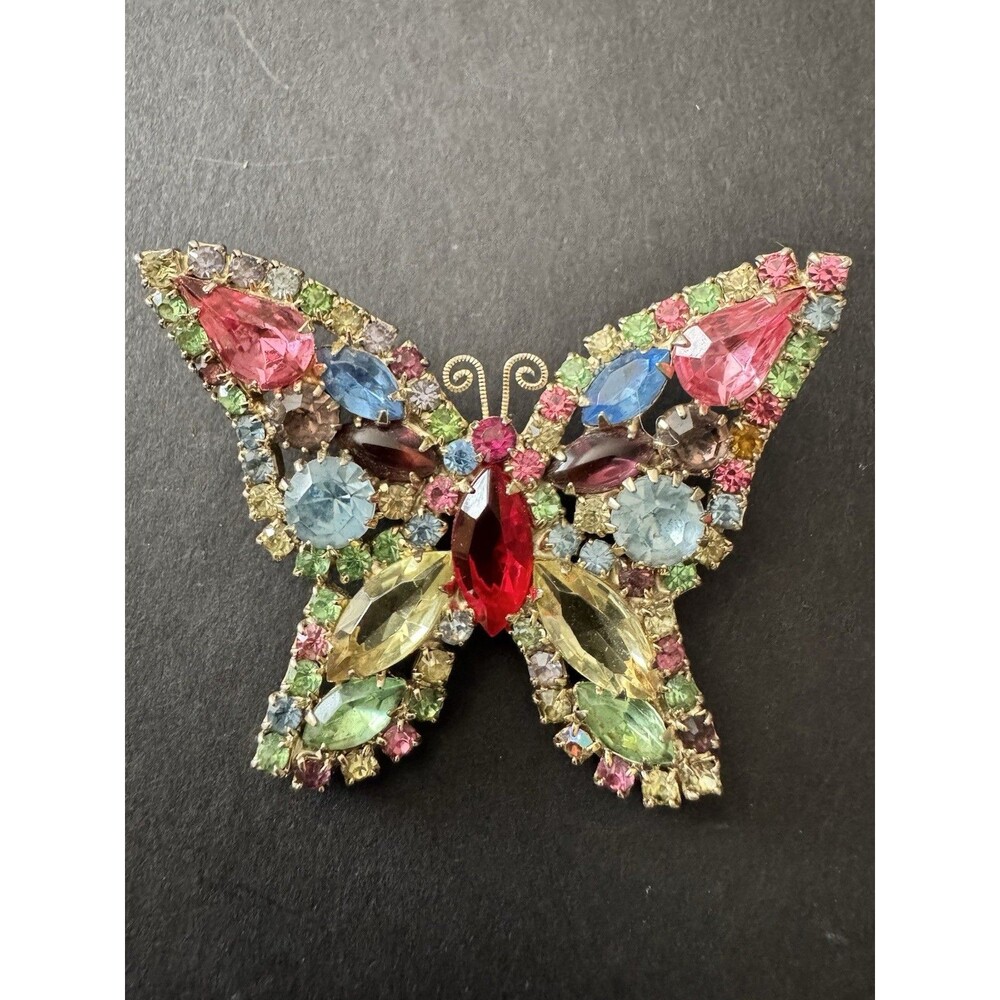 Vintage Signed WEISS Multicolor Rhinestone Butterfly Brooch Large Gold Tone Pin